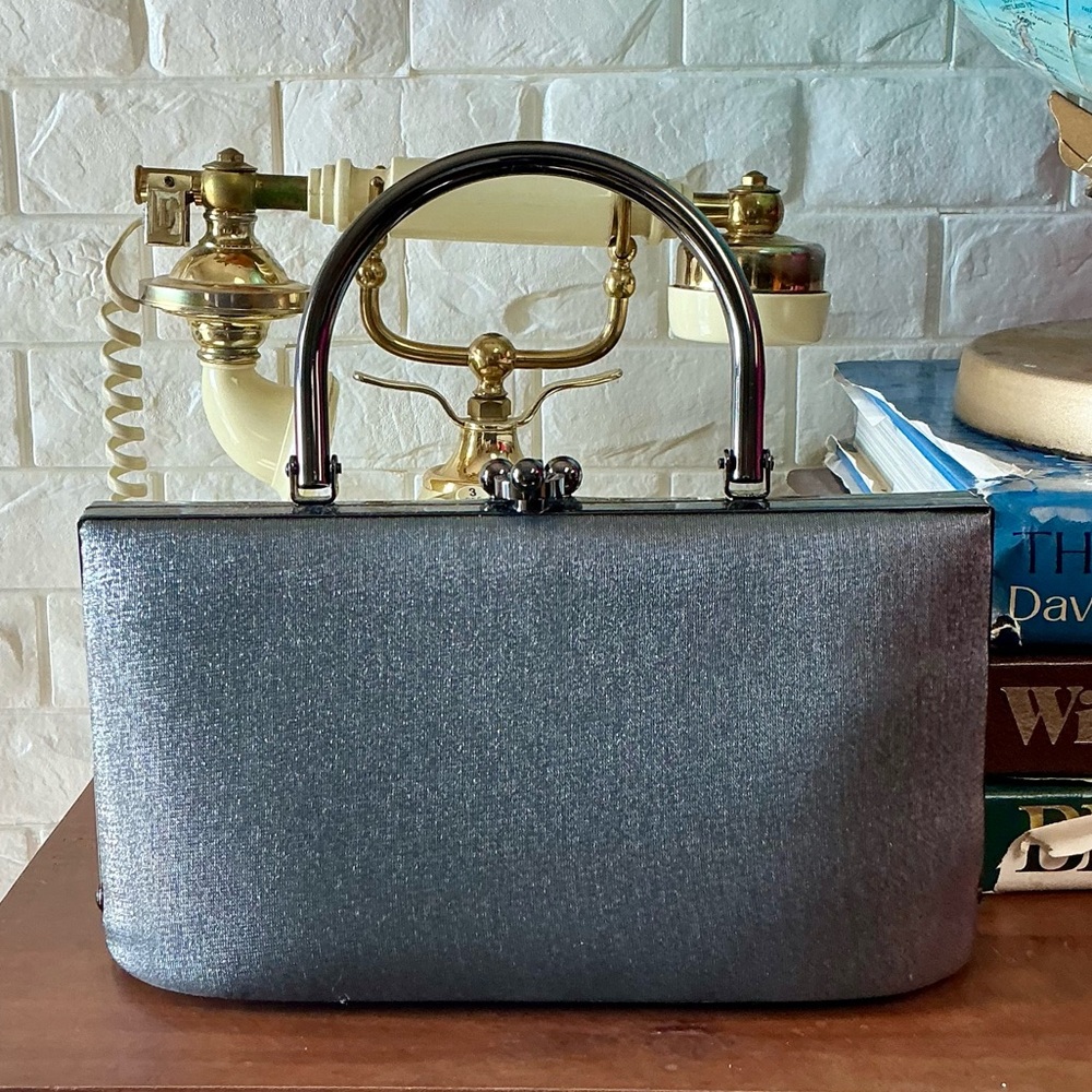 Vintage Preston & York Structured Pewter and Iridescent Fabric Top Handle Bag
